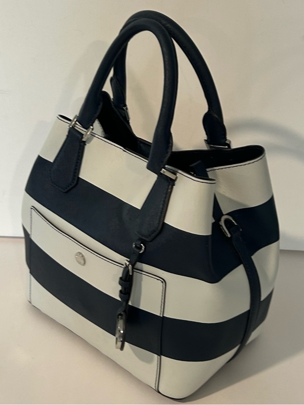 Michael Kors Navy White Stripe Satchel Structured bag vacation - Picture 6 of 12